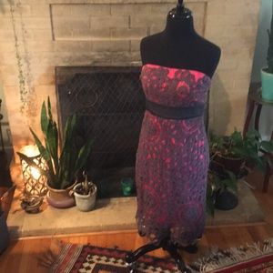 Anthropologie Pink and Grey Lace Strapless Dress